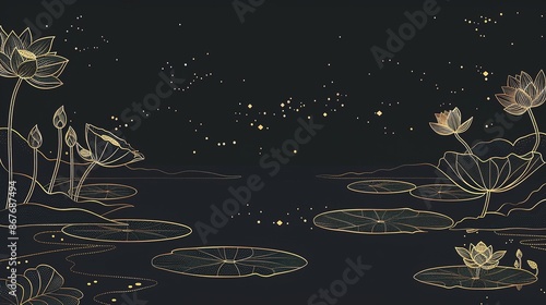 A lotus pond is depicted by golden lines against a black background photo