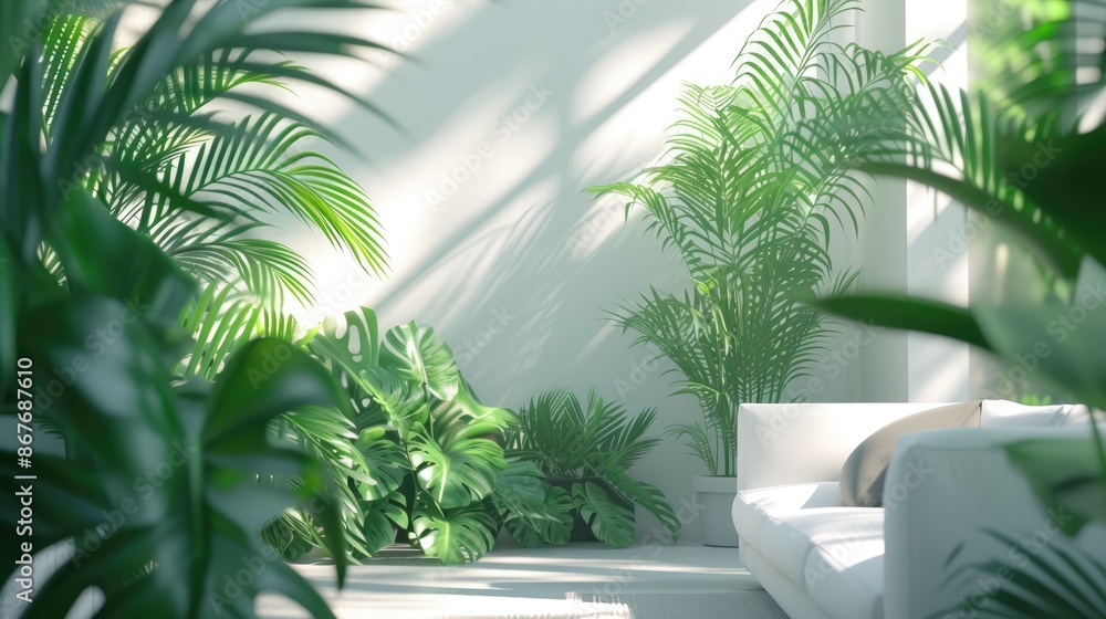 Fototapeta premium Side view of Modern serene white living room with soft sofa with surrounding fern and bush monstera houseplants. Eco interior design