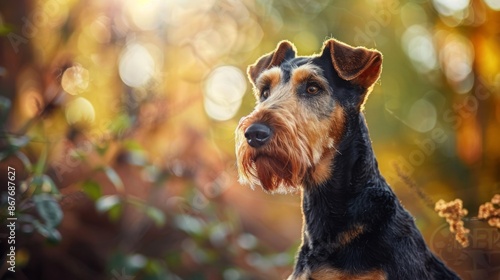A captivating image of a dog in a forest setting, bathed in warm, golden lighting that highlights its fur and surroundings, evoking a sense of tranquility and natural beauty.