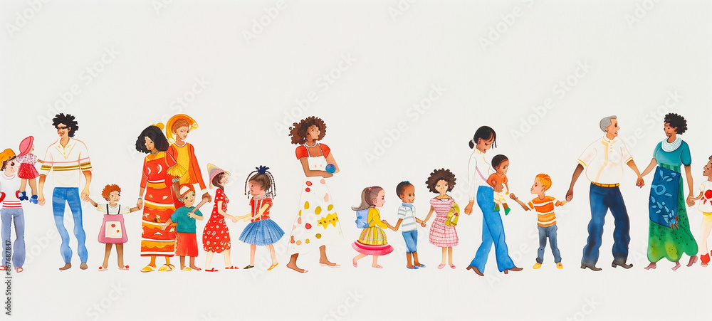 Fototapeta premium A drawing of diverse and multicultural collection of families, each consisting of parents and children, depicted in various interactions and cultural attire