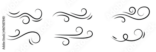 Doodle wind line sketch set. Hand drawn doodle wind, air blow, swirl elements. Sketch drawn air blow motion, smoke flow art, abstract line. Vector illustration. Isolated on white background in eps 10.