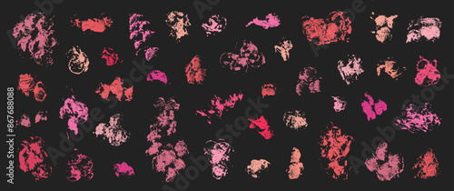 Grunge abstract lipstick stains set. Lipstick stains, daubs and smears. Paint splatter backgrounds. Paint brush dirty strokes textures. Quirky scribbles. Rough grungy overlays.