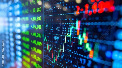 A close-up view of a stock exchange market graph analysis display showing vibrant green, red, and blue colors on a black background © liliyabatyrova