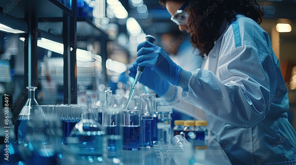 A woman in a lab coat is working with a blue liquid in a lab
