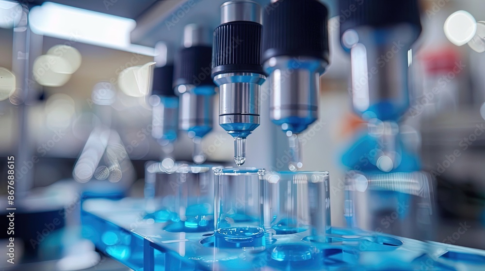 A blue liquid is being poured into a series of blue glass vials A blue liquid is being poured into a series of blue glass vials