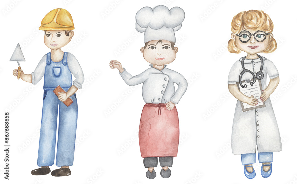 Watercolor peoole in professions illustration, buider, chef cook and doctor clipart Watercolor peoole in professions illustration, buider, chef cook and doctor clipart