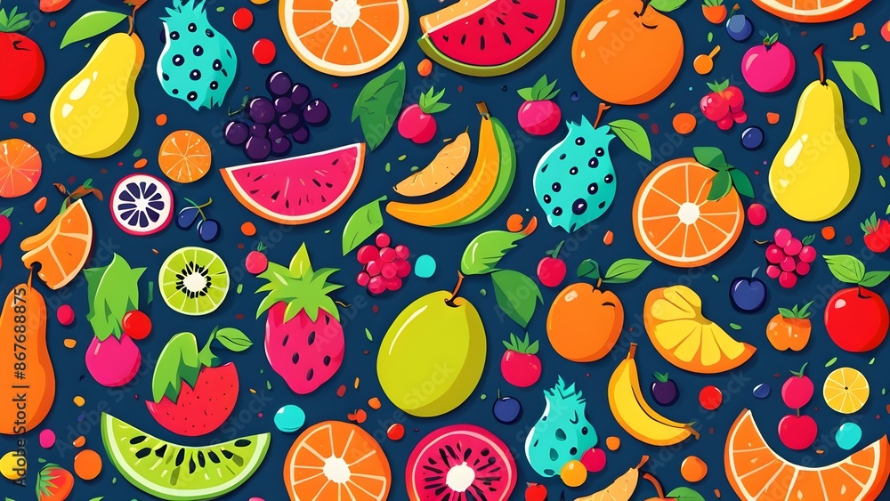 A colorful fruit pattern with bananas, cherries, and oranges