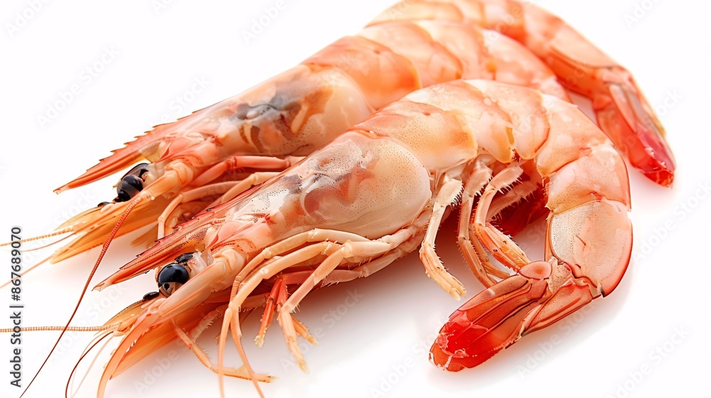Ultra-high-definition close-up of fresh shrimp, isolated on a white background, with extreme detail and focus stacking to capture intricate textures and colors