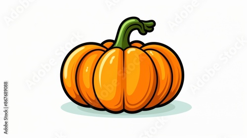 This is an illustration of a vibrant orange pumpkin with a prominent green stem, rendered in a playful and cartoonish style on a light background.