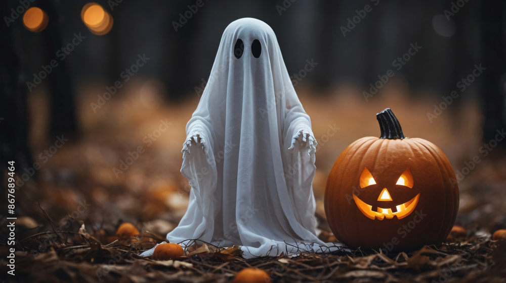 Halloween Concept - little white ghost with halloween pumpkin Halloween Concept - little white ghost with halloween pumpkin