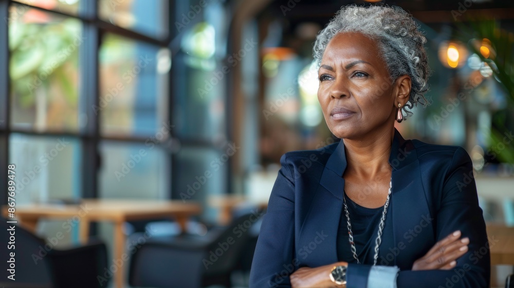 A businesswoman in a modern office looks thoughtful, wearing a blazer with crossed arms shows strength and determination A businesswoman in a modern office looks thoughtful, wearing a blazer with crossed arms shows strength and determination