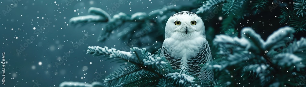 Fototapeta premium Snowy owl perched on a decorated Christmas tree