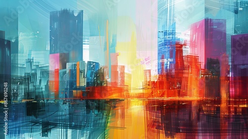 Striking abstract painting of a city skyline, ideal for a vibrant wallpaper or background in a modern design © qorqudlu