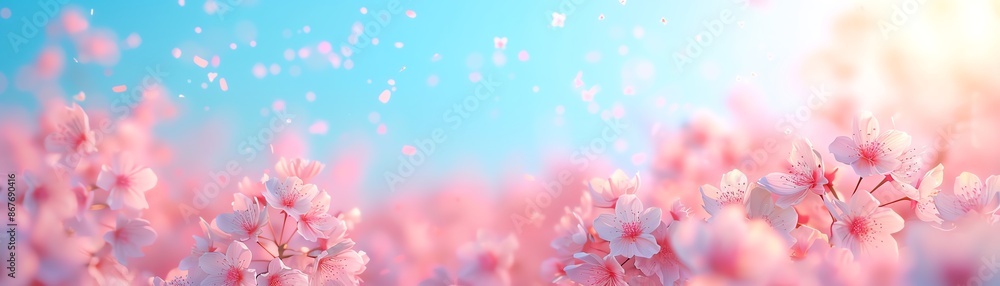 Beautiful cherry blossoms in full bloom under a bright blue sky with gentle sunlight, creating a serene and picturesque spring scene. Beautiful cherry blossoms in full bloom under a bright blue sky with gentle sunlight, creating a serene and picturesque spring scene.