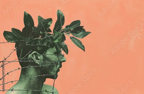Man with plant on head and barbed wire in front, symbolizing struggle against nature and society photo