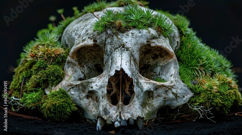 Detailed view of an animal skull partially covered in moss, showcasing natural textures and providing copy space