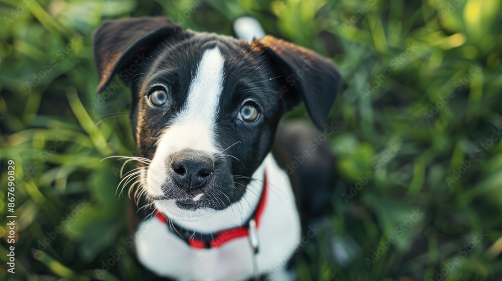 White and black dog puppy with red collar in grass closeup portrait White and black dog puppy with red collar in grass closeup portrait