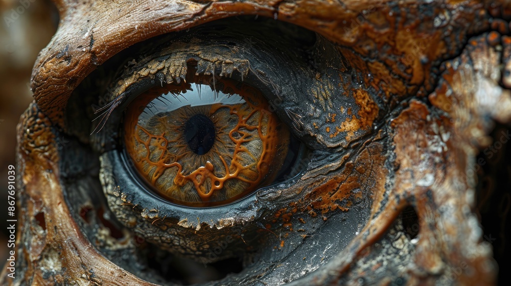 High-resolution photograph of an animal skull's eye socket, emphasizing the depth and intricate bone structure with copy space High-resolution photograph of an animal skull's eye socket, emphasizing the depth and intricate bone structure with copy space