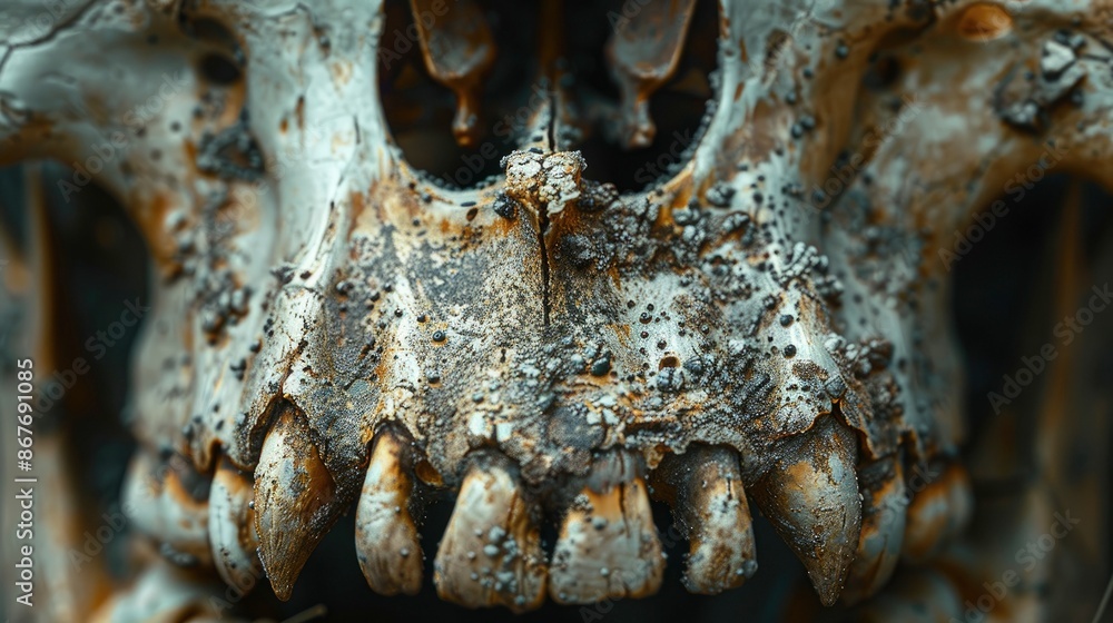 Close-up of an animal skull's jawbone, highlighting the sharp edges and natural textures with copy space Close-up of an animal skull's jawbone, highlighting the sharp edges and natural textures with copy space