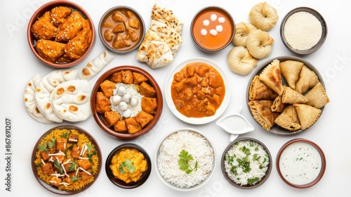 Top view collection of Indian foods isolated on a white background, including momos, butter chicken curry and rice, samosas, and pani puri © florynstudio3