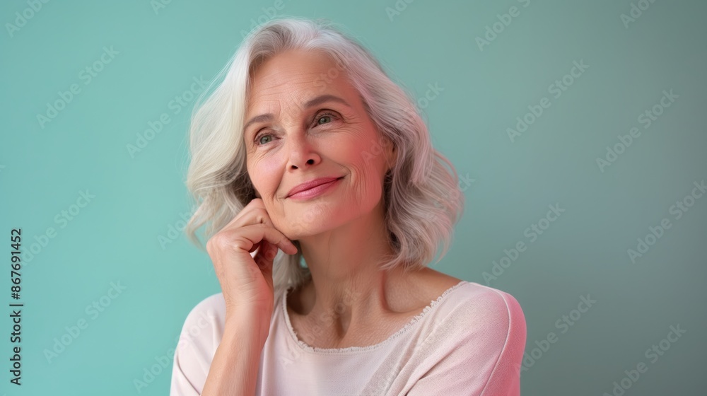 Graceful Elderly Woman Embracing Timeless Beauty in Serene Pose on Pastel Background Graceful Elderly Woman Embracing Timeless Beauty in Serene Pose on Pastel Background
