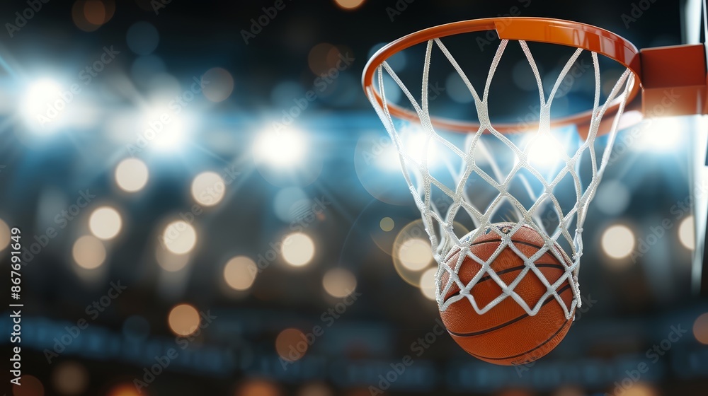Intense basketball game, player scoring the winning points, basketball mid-air about to enter the hoop, crowd in the background cheering wildly, vibrant stadium lights illuminating the scene Intense basketball game, player scoring the winning points, basketball mid-air about to enter the hoop, crowd in the background cheering wildly, vibrant stadium lights illuminating the scene