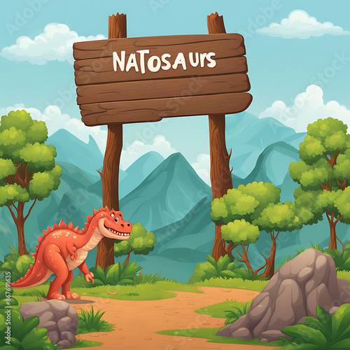 nature scene with trees on mountains with sign board and dinosau. photo