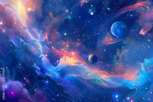 A Dreamy Cosmic Landscape with Planets, Stars, and Nebulae