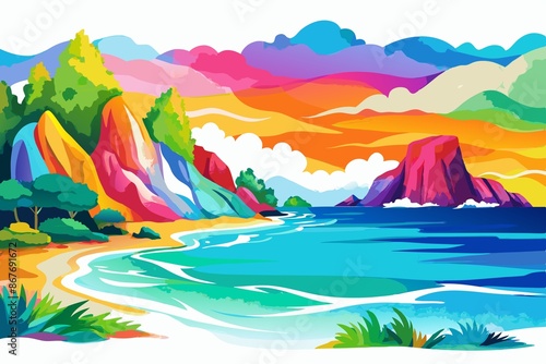 Colorful watercolor illustration of ocean landscapes, set against white background, watercolor, ocean, landscapes, colors