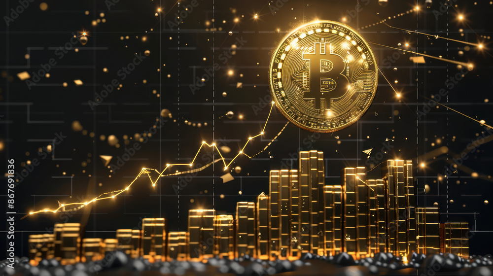 Golden Bitcoin with Financial Graph and Bars Representing Cryptocurrency Market Trends Golden Bitcoin with Financial Graph and Bars Representing Cryptocurrency Market Trends