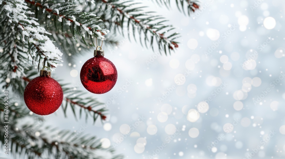 Fir branches with red Christmas balls, snowy winter background, holiday season template, festive banner, ample copy space Fir branches with red Christmas balls, snowy winter background, holiday season template, festive banner, ample copy space