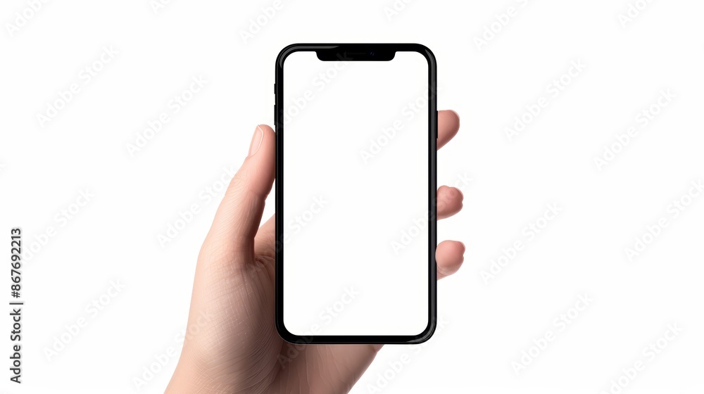 Hand holding black iPhone with blank screen, modern frameless design, rotated perspective, isolated on white background Hand holding black iPhone with blank screen, modern frameless design, rotated perspective, isolated on white background
