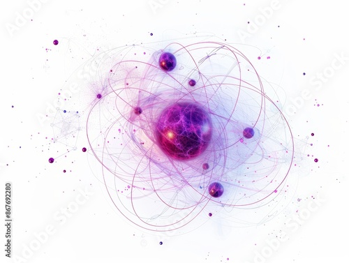 Abstract Atomic Structure with Pink and Purple Hues and Swirling Lines on White Background