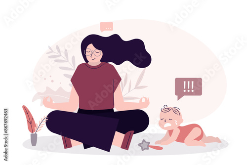Zen mom relaxing in yoga pose and baby crying near. Funny mother relaxing and meditating neglecting newborn. Postnatal stress,