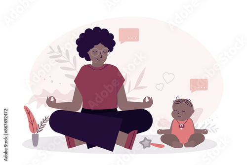 African american young woman doing yoga with her child at home. Mother exercising with her little baby kid. Parent and baby relaxation together in lotus yoga pose.