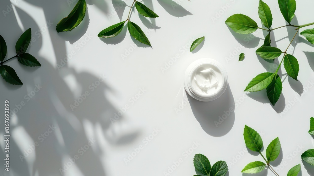 Top view of a white background with shadows and green leaves showcasing a layout for presenting promotional products cosmetics or sales Copy space image Top view of a white background with shadows and green leaves showcasing a layout for presenting promotional products cosmetics or sales Copy space image
