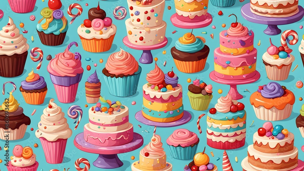 A colorful image of cupcakes and cakes with a theme of desserts A colorful image of cupcakes and cakes with a theme of desserts