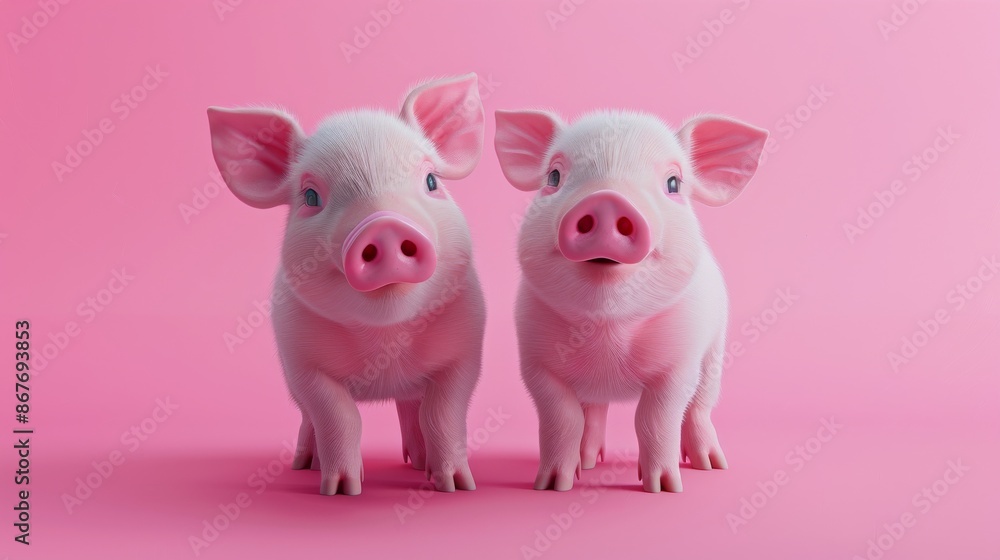 Two cute piglets on a pink background, studio shot. Adorable animal friends concept Two cute piglets on a pink background, studio shot. Adorable animal friends concept
