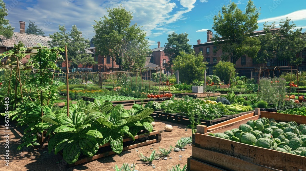 Obraz premium A thriving community garden in an urban setting, offering fresh produce and green space for the community.