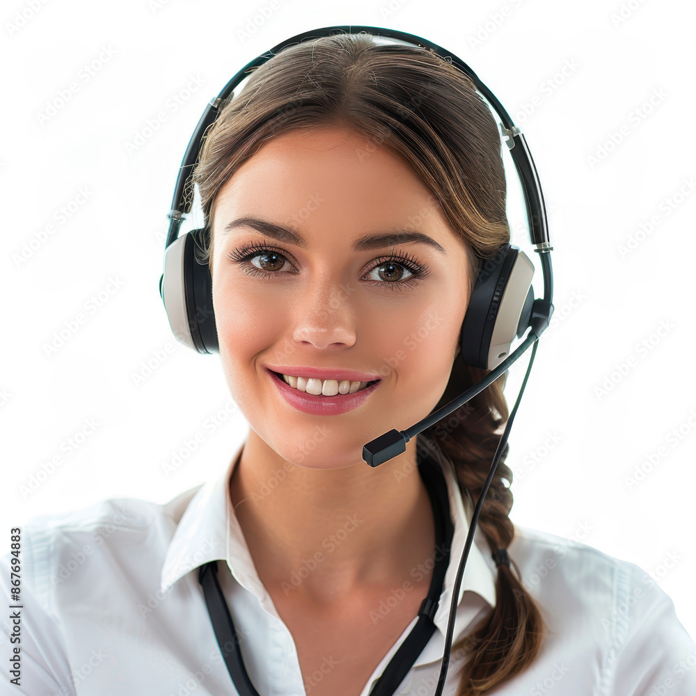 Smiling female call center agent with headset and braided hair in a white shirt on a white background Smiling female call center agent with headset and braided hair in a white shirt on a white background