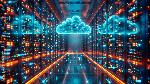 abstract clouds in a server room, visualization of cloud computing