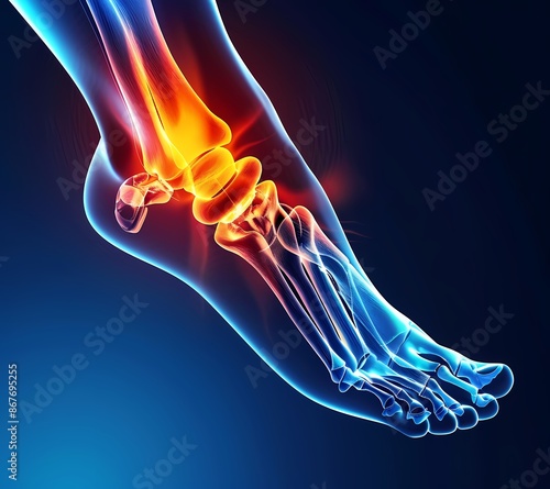 A close-up of an X-ray showing the intense pain in your ankle, with vibrant colors highlighting its contour and surrounding area. The background is blue to emphasize the focus on fluid tightness photo