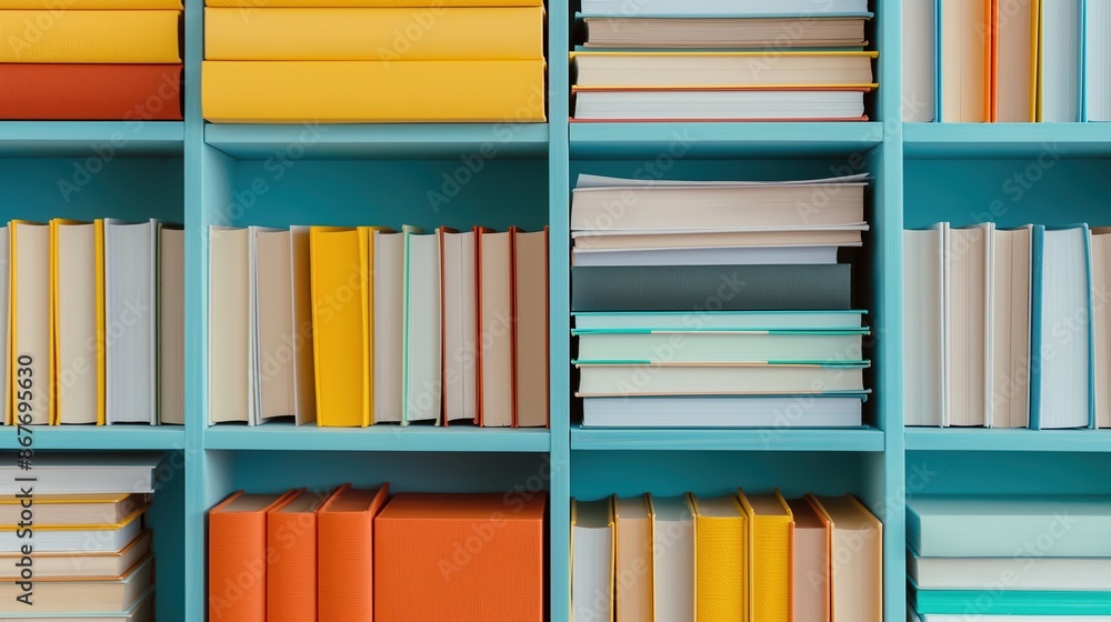 Stacks of textbooks and workbooks neatly arranged on shelves, organized ...