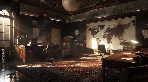 Experience tension of the Cold War with a scene in a secretive intelligence office featuring spies coded messages and highstakes intrigue perfect for fans of modern history and espionage