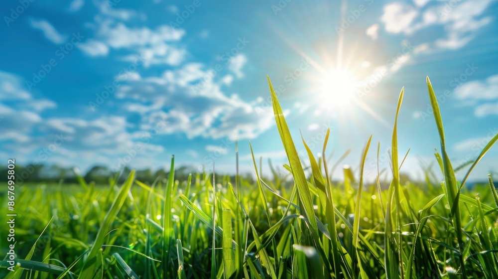 Obraz premium Beautiful panoramic natural landscape of a green field with grass against a blue sky with sun. Spring summer blurred background.