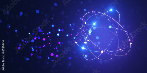 Fényképezés Abstract neon atom model with orbiting particles on a dark blue background, concept of science and technology