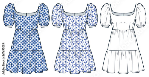 Tiered Dress technical fashion illustration, floral pattern. Square Neck Dress fashion flat technical drawing template, mini lengths, puff sleeve, front view, white, blue, women Dress CAD mockup set.