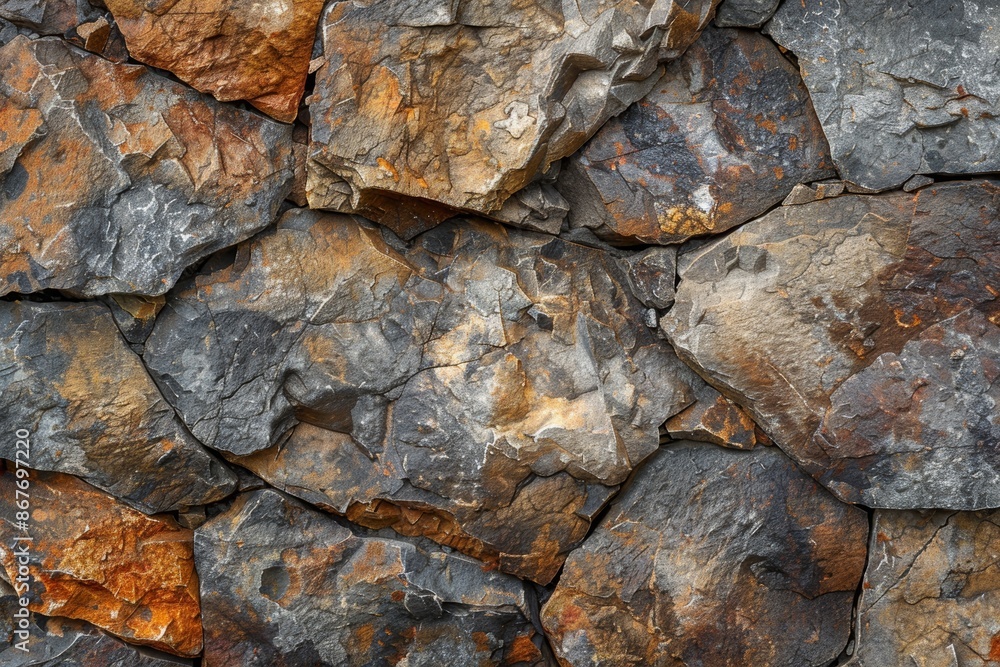 Closeup Of A Rough, Weathered Stone Wall With Irregularly Shaped, Varied-Sized Stones In Natural Tones Of Gray, Brown, And Rust Closeup Of A Rough, Weathered Stone Wall With Irregularly Shaped, Varied-Sized Stones In Natural Tones Of Gray, Brown, And Rust