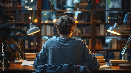 Wallpaper Mural A young man sits at a desk in a library, surrounded by books Torontodigital.ca