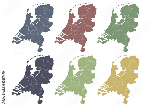 Mapa de Países Bajos azul, verde, rojo, morado y amarillo